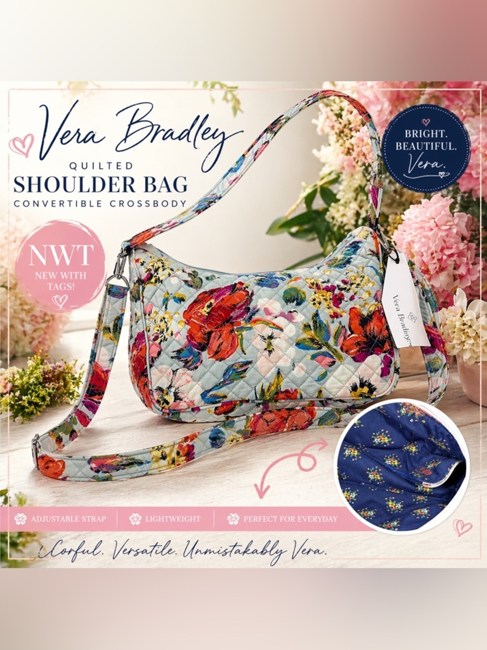 Vera Bradley Quilted Floral Shoulder Bag Convertible Crossbody NWT